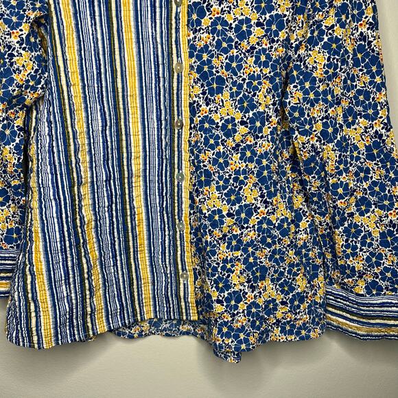 Habitat Yellow Blue Stripe Floral *XS Top Cotton Crinkle 3/4 Sleeve Button Boho - Picture 5 of 16